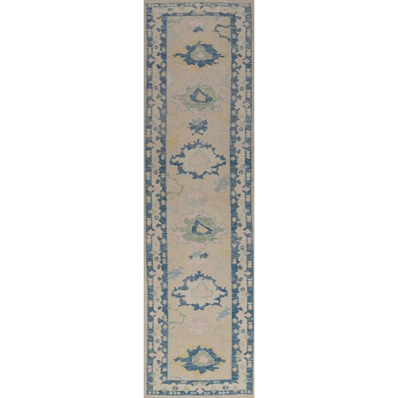Hand Knotted Oriental 100% Wool Carpet Transitional Floral Beige & Ivories Oushak Runner Rug - 13' 8'' X 2' 11''