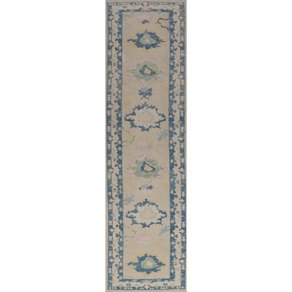 Hand Knotted Oriental 100% Wool Carpet Transitional Floral Beige & Ivories Oushak Runner Rug - 13' 8'' X 2' 11''