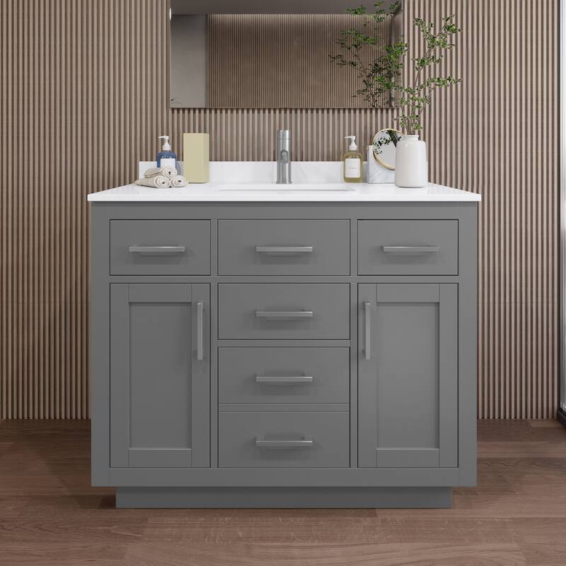 Wyndham Collection WCG262642S-QTZ-UNSMXX Beckett TK 42" Free Standing - Dark Gray / White Quartz Top / Brushed Nickel
