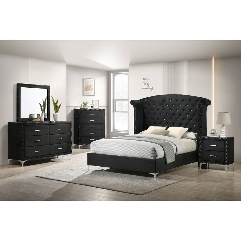 1pc Two Drawers Nightstand Fabric Upholstered Nailhead Tufted