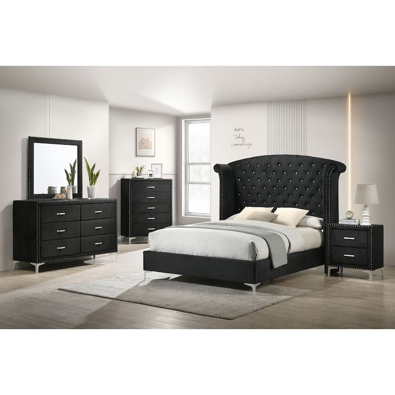 Sheridan Black Velvet Wingback Upholstered Tufted King Panel Bed