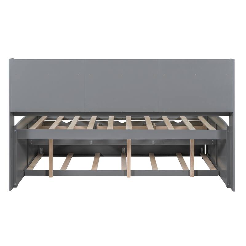 Full Size Wooden Bed with Bookcase Headboard, Three Storage Drawers, and Trundle for Space-Saving Design