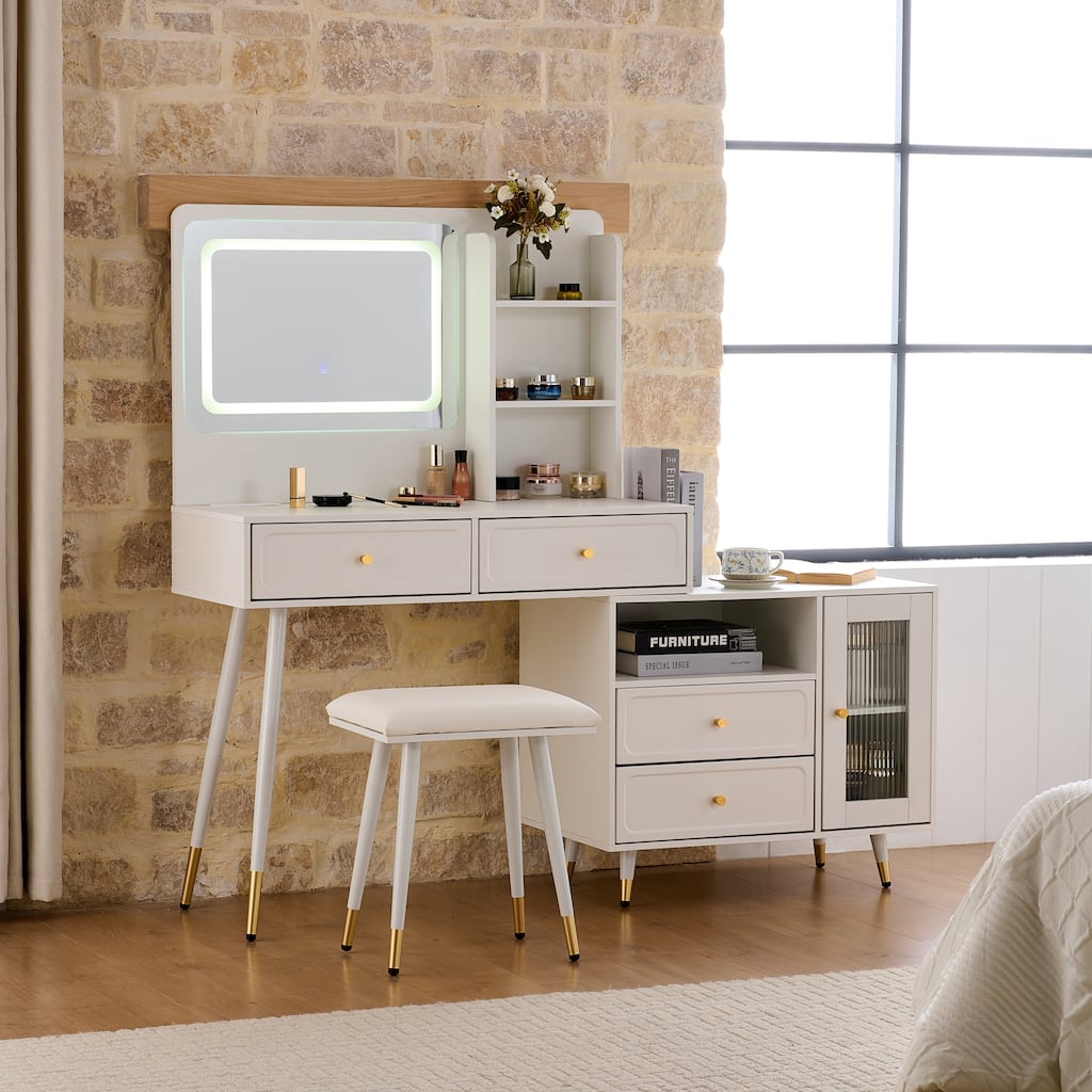 Makeup Vanity Desk with Mirror & Lights, Retractable Vanity Table with Cabinets & Power Outlet, Dressing Table with Stool