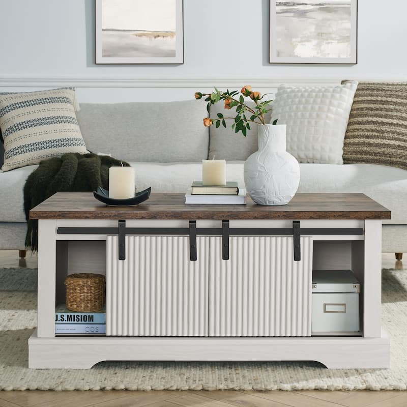 41.3 Inch Coffee Table with Storage and Sliding Wood Door - Brown and White