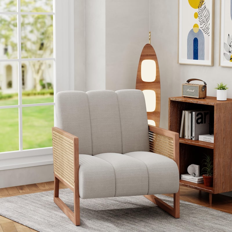 Rattan Accent Chairs, Upholstered Natural Rattan Chair Mid Century Modern Linen Armchair Side Chairs for Living Room Bedroom
