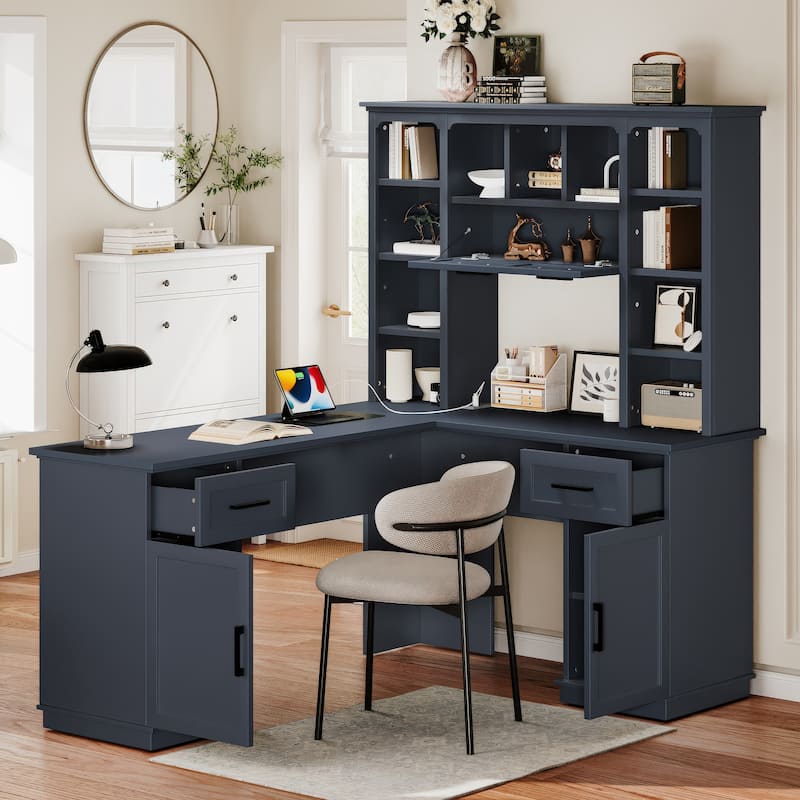 Large Bookcase Desk 2-in-1 Computer Desk L-shape Computer Armoire
