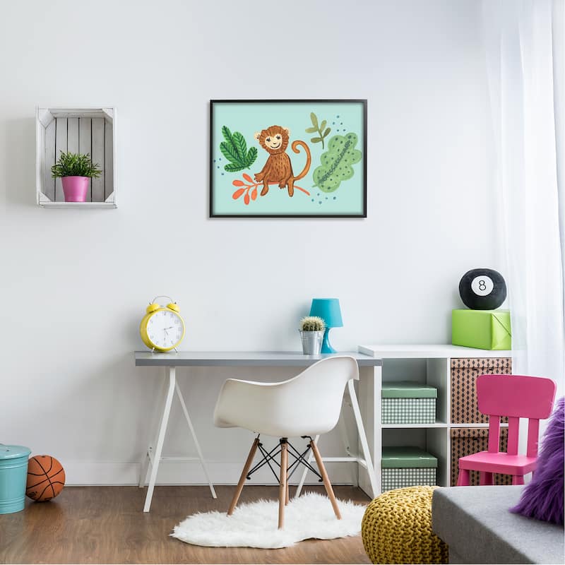 Stupell Cute Monkey Sitting Plants Leaves Illustration Framed Wall Art - Brown