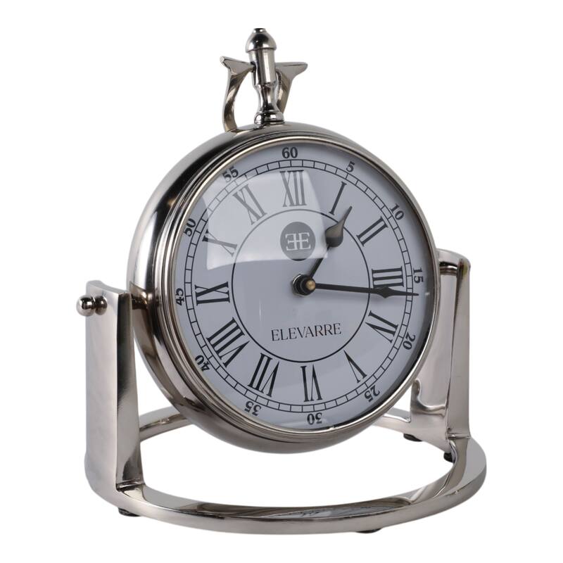Metal Glass Desk Clock Roman Numerals Silent Movement and Pivot Stand - 9" x 9" x 10"