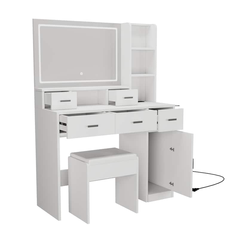 Dressing Table With Led Mirror And Power Outlet,With Drawers,Storage Box And Shelf,Dressing Table With Bedroom Cushioned Stool