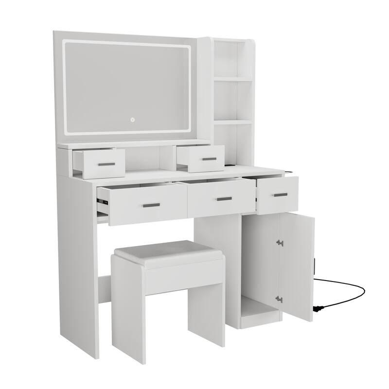 LED Vanity Desk with Mirror Wooden Dresser and Upholstered Stool Set Makeup Vanity Table with Storage Drawers