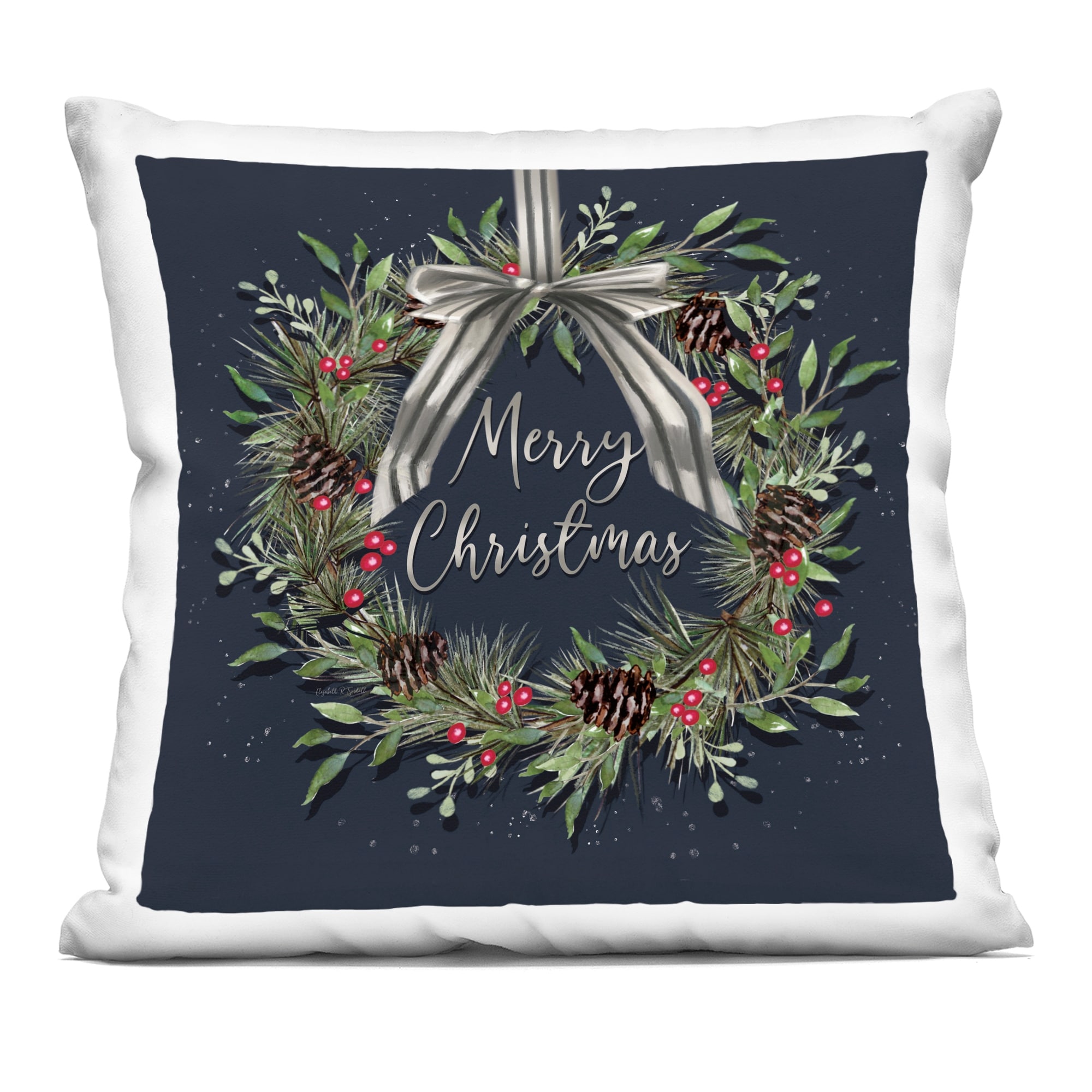 Stupell Hanging Christmas Wreath with Bow Decorative Printed Throw Pillow Design by Elizabeth Tyndall