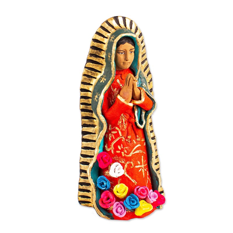 Novica Handmade Guadalupe Virgin With Roses Ceramic Sculpture - Red
