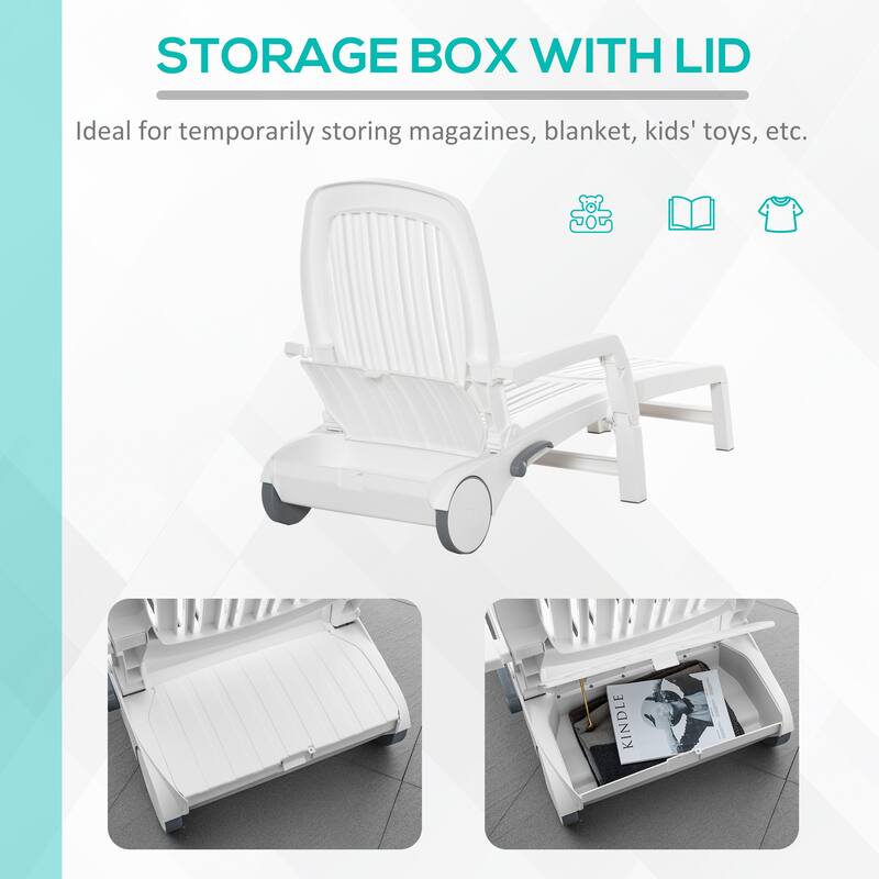 Outdoor Chaise Lounge Chair on Wheels with Storage Box, Waterproof Lounger, 5-Level Adjustable Backrest for Patio, Poolside
