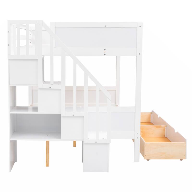 Twin over Full Bunk Bed with Shelfs, Storage Staircase and 2 Drawers