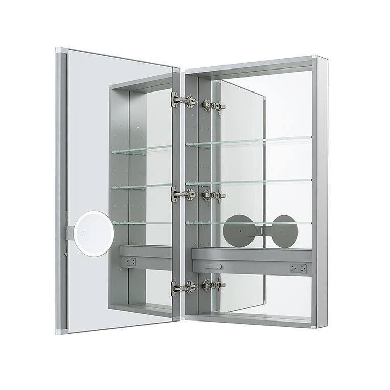 AQUADOM Royale Medicine Cabinet Defogger, 3X LED Lighted Vertically Adjustable Magnifying Mirror, Electrical Outlets.