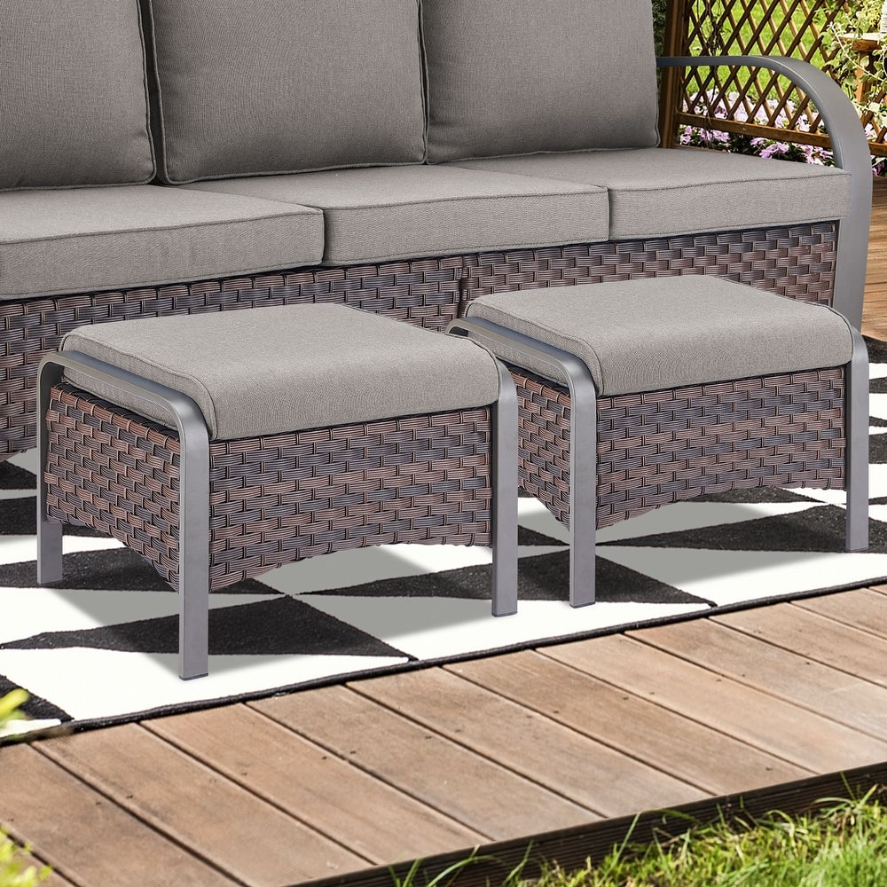 Gymojoy Industrial Style Outdoor Wicker Patio Ottomans Set of 2