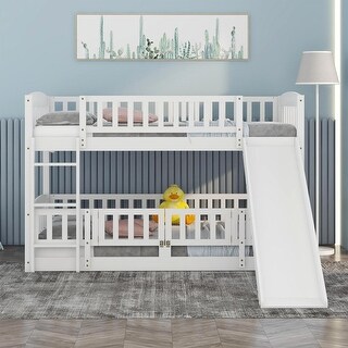 Twin Over Twin Versatile Low Bunk Bed with Slidewith Fence & Ladder for Toddler Kids Teens,Sturdy and Durable Frame,White
