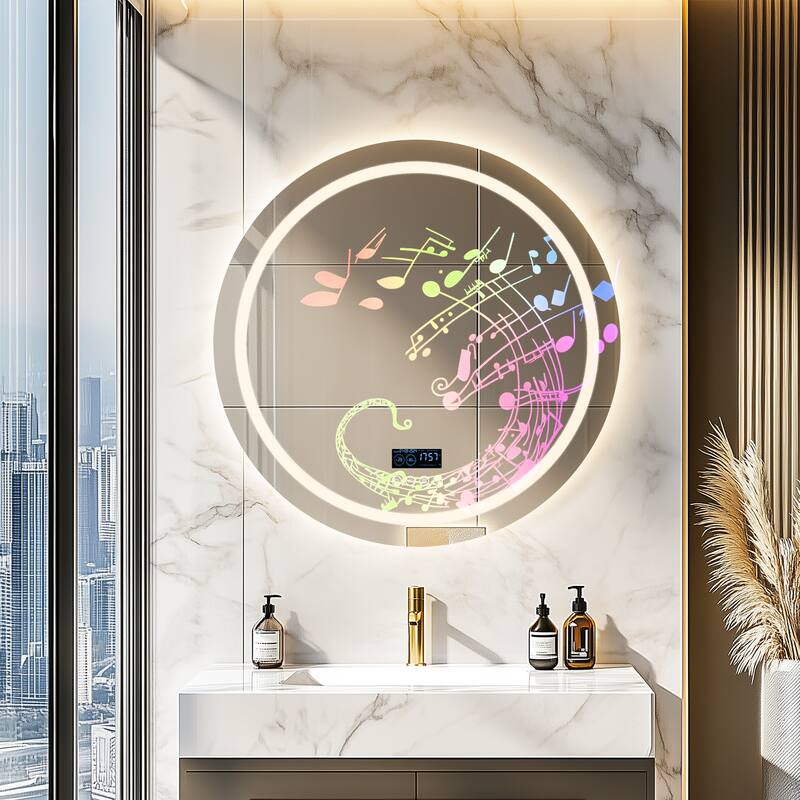 Smart LED Illuminated Fog-free Large Bathroom Mirror with Bluetooth Speakers, Digital Display - 32" Dia Round