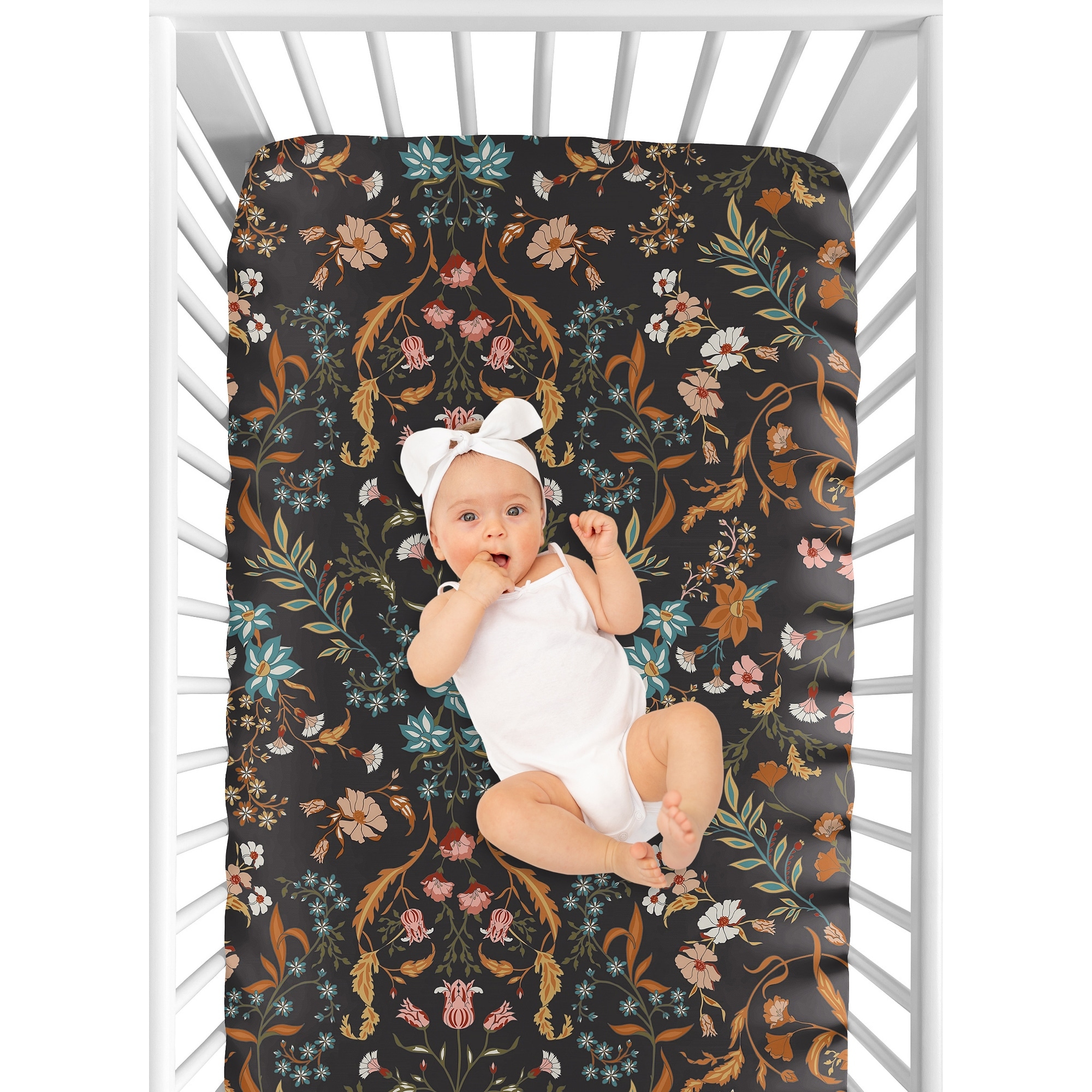 Sweet Jojo Designs Boho Wildflower Vintage Floral Girl Fitted Crib Sheet Baby Toddler Bed Nursery Black Rust Orange Teal Daisy Leaves Botanical