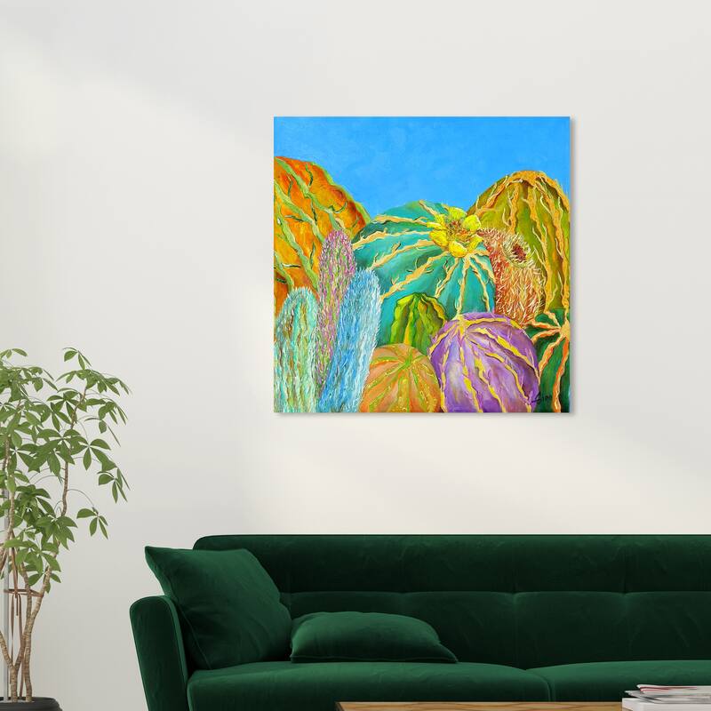 Wynwood Studio Canvas Floral and Botanical Vivian Fache - Giro-Cactus II Left Blue and Tropical Wall Art Canvas Print - 30 x 30