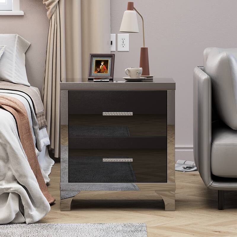 High Gloss Mirrored Nightstand with 2 Drawers,Modern End Table with Drawers,Mirrored High Gloss Wood Nightstand Metal Handle