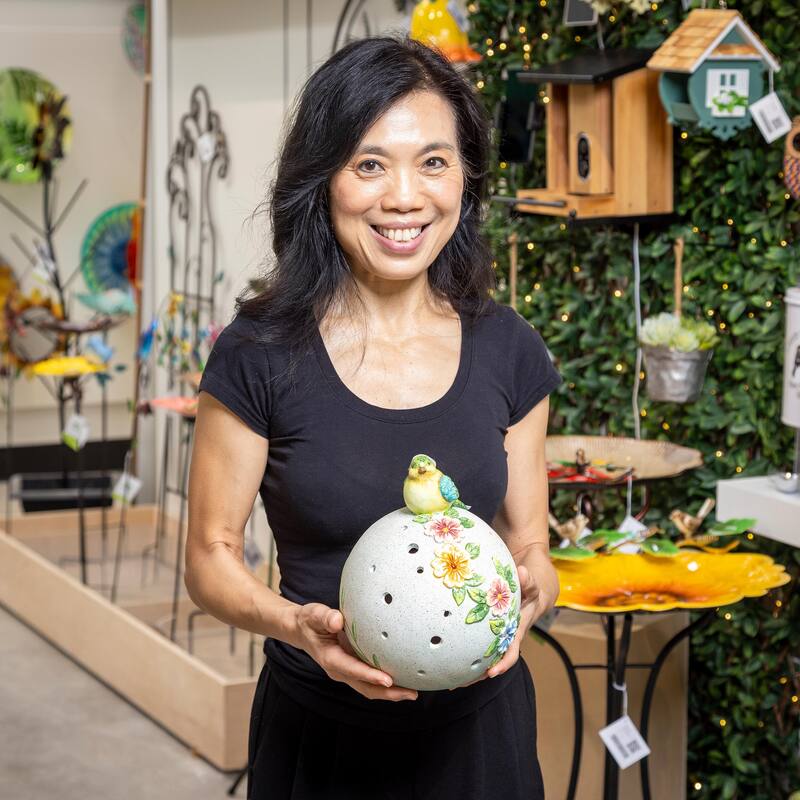 Solar Bird Sitting On Floral Orb Statue, 8"H