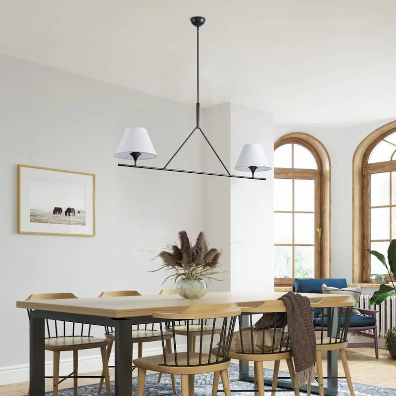 Farmhouse 2-Light Linear Kitchen Island Chandelier with White Fabric Lampshades