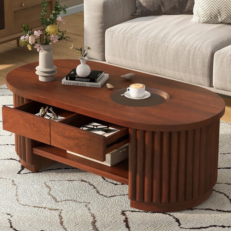 Mid-Century Modern Oval Coffee Table with Drawers, 2-Tier Storage Cocktail Table Center Table for Living Room