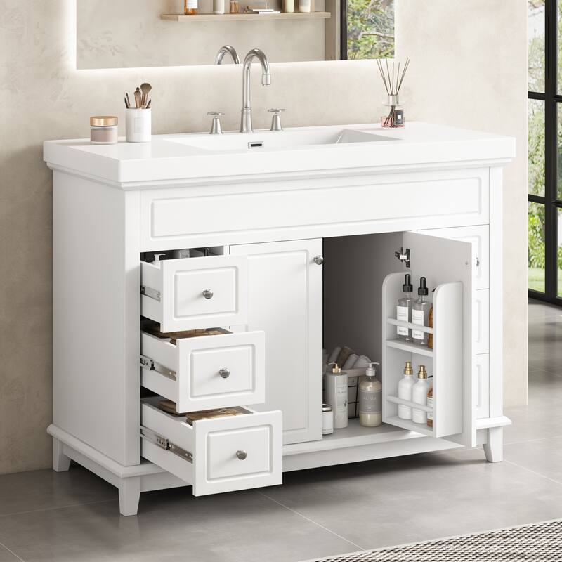 Roomfitters 48" Bathroom Vanity with Integrated Resin Sink, 6 Soft-Close Drawers and Double Doors with 2-Tier Shelving, White