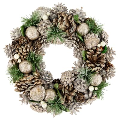 Green Pine Needle Pinecone Artificial Christmas Wreath, 13.5", Unlit