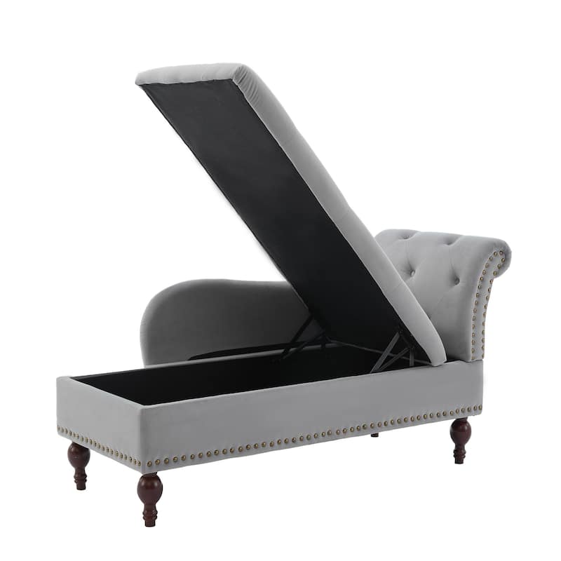 Velvet Chaise Lounge with a Storage Function, Tufted Cushions & Nailheads