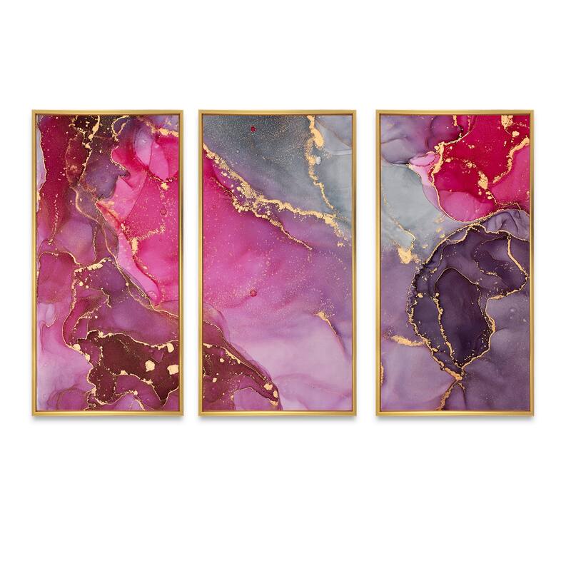 set of 3 pink abstract framed canvas wall art