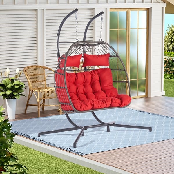 Person Wicker Rattan Patio Hanging Swing Egg Chair with Cushion