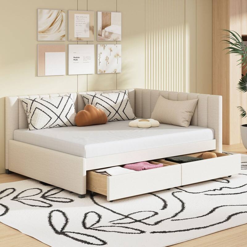 Full Size Linen Upholstered Daybed with 2 Storage Drawers, Sofa Bed - Beige