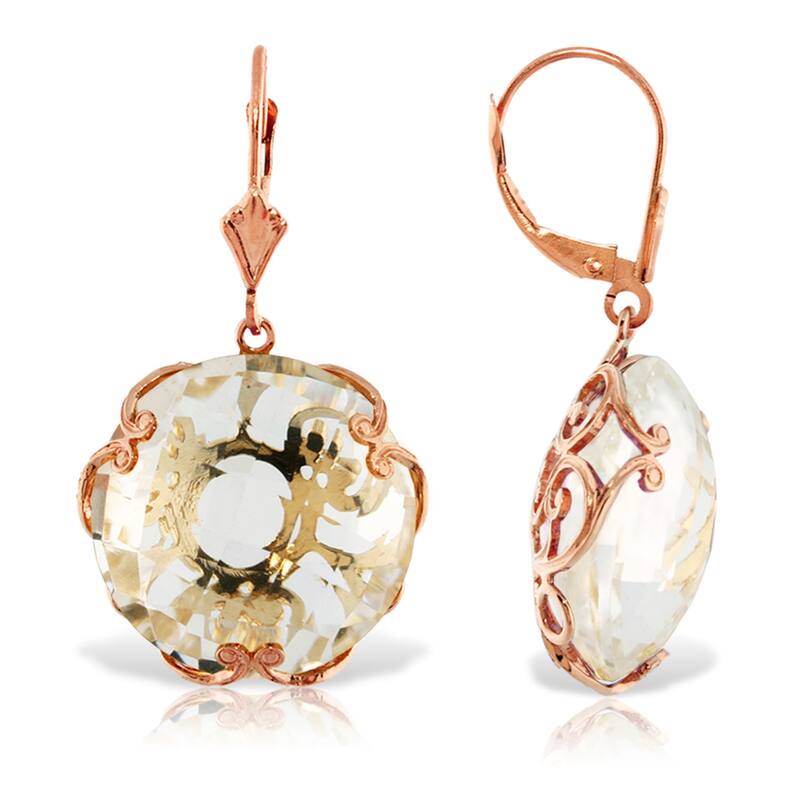 14K Solid Gold Leverback Earrings Round White Topaz Certified - Rose