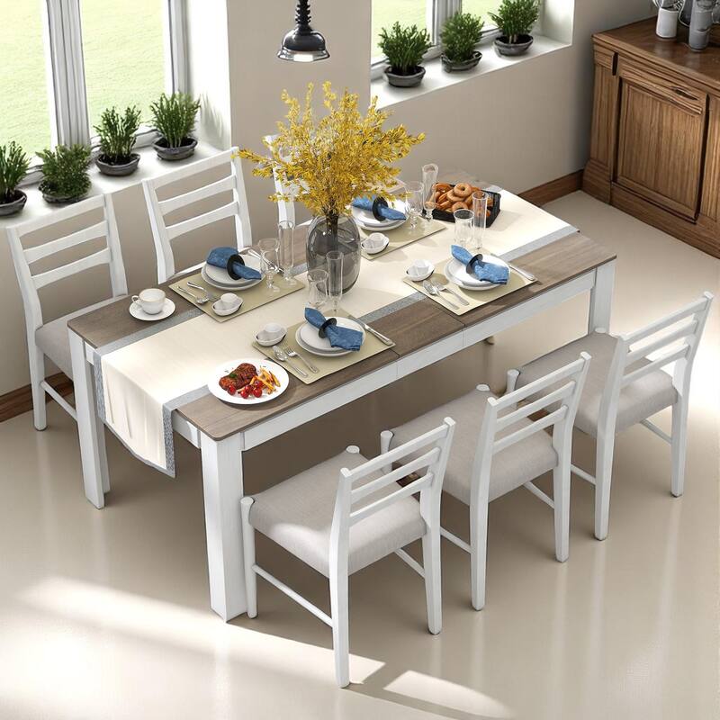 7-Piece Extendable Dining Set with 2 Drawers, Solid Wood Table and 6 Upholstered Chairs - Expandable for Kitchen & Dining Room