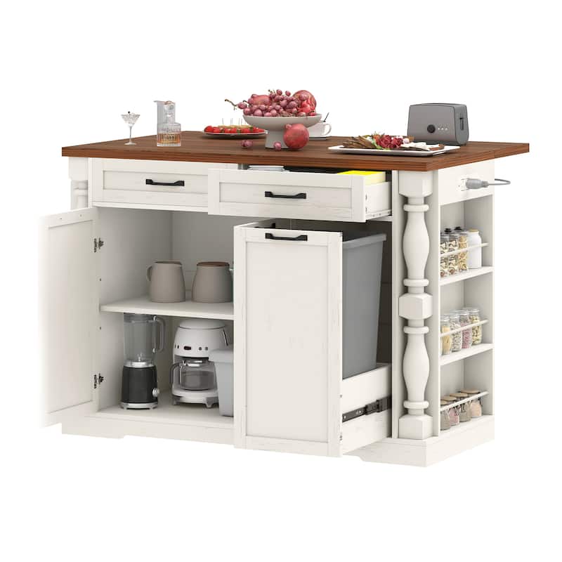 Mobile Kitchen Island with Drop Leaf Table Power Outlet and Pull-Out Trash Can for Space-Saving Storage