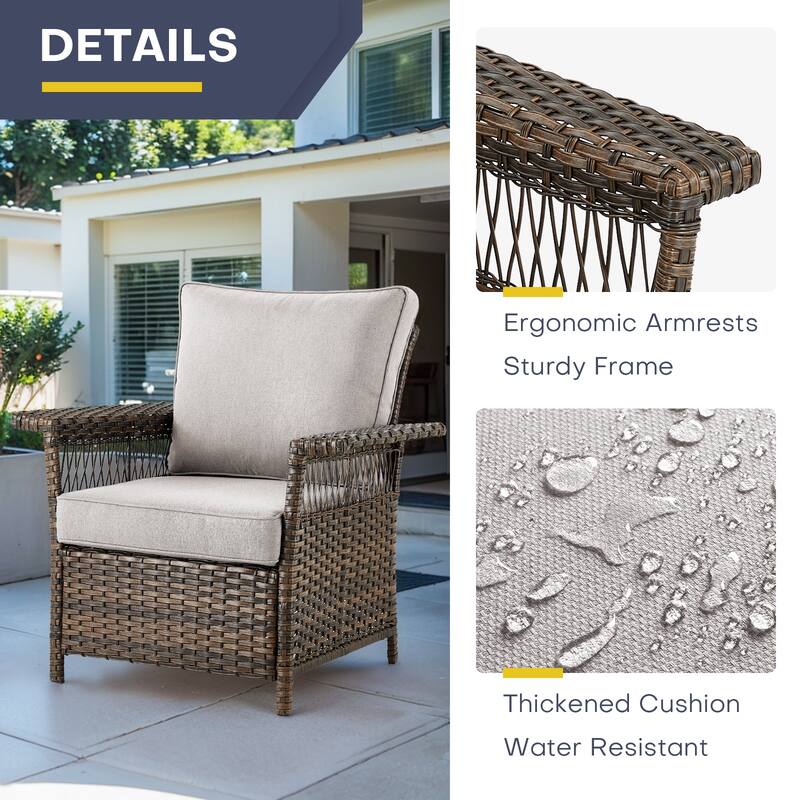 Gymojoy 4Pcs Sofa PE Rattan Swivel Chair Table and Ottoman - Brown