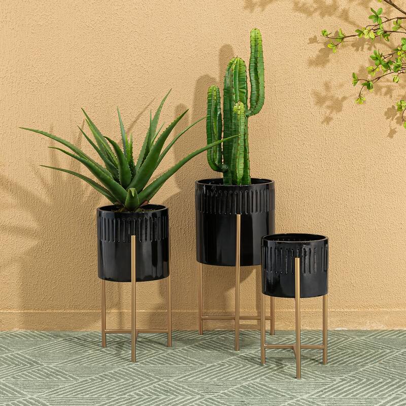 Glitzhome Set of 3 Modern Metal Cachepot Planters with Stands Plant Flower Pot Indoor Outdoor - Black