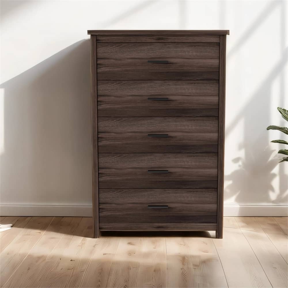 Country Style Wooden Dresser with 5 Drawers and Anti-Tipping