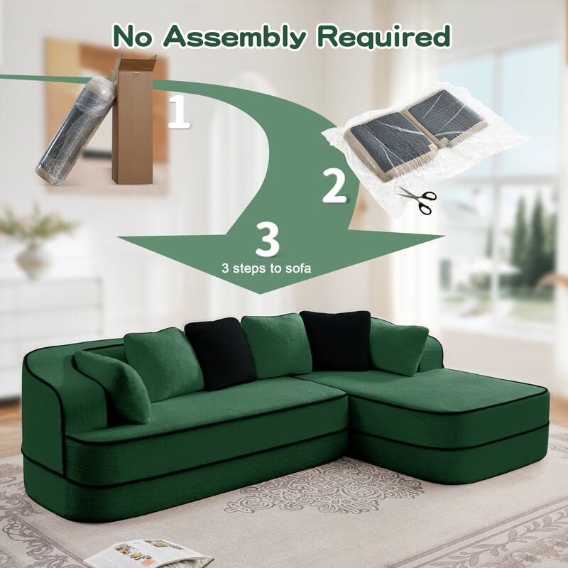 Teddy Fabric Contrast Sofa for Living Room, Upholstered Sectional Couch with L-Shaped Chaise, Boneless Couch with Throw Pillows
