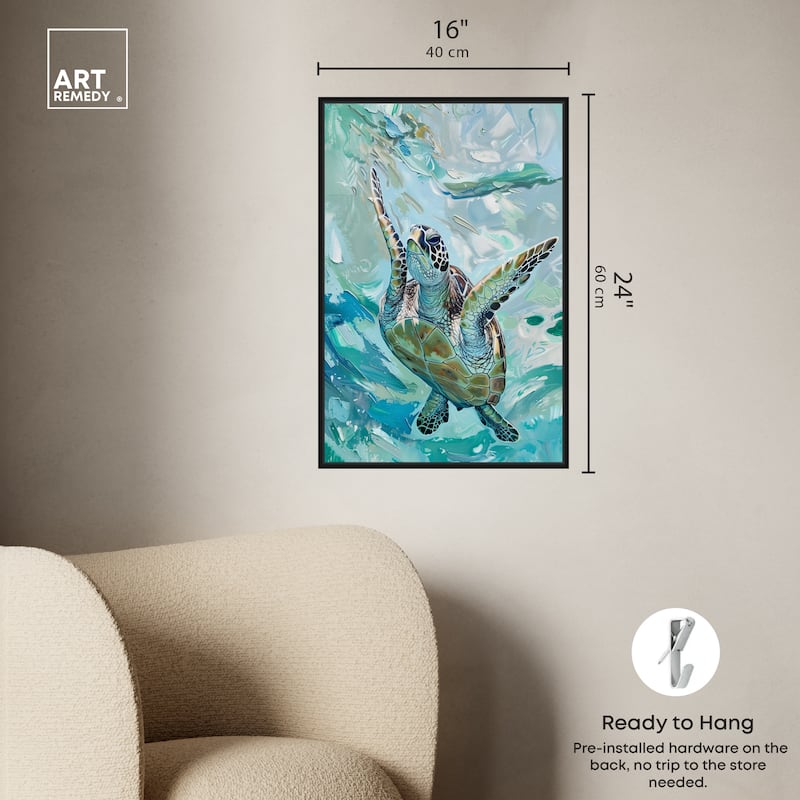 Art Remedy Serene Turtle Framed Colorful Coastal 1 Piece Canvas Wall Art