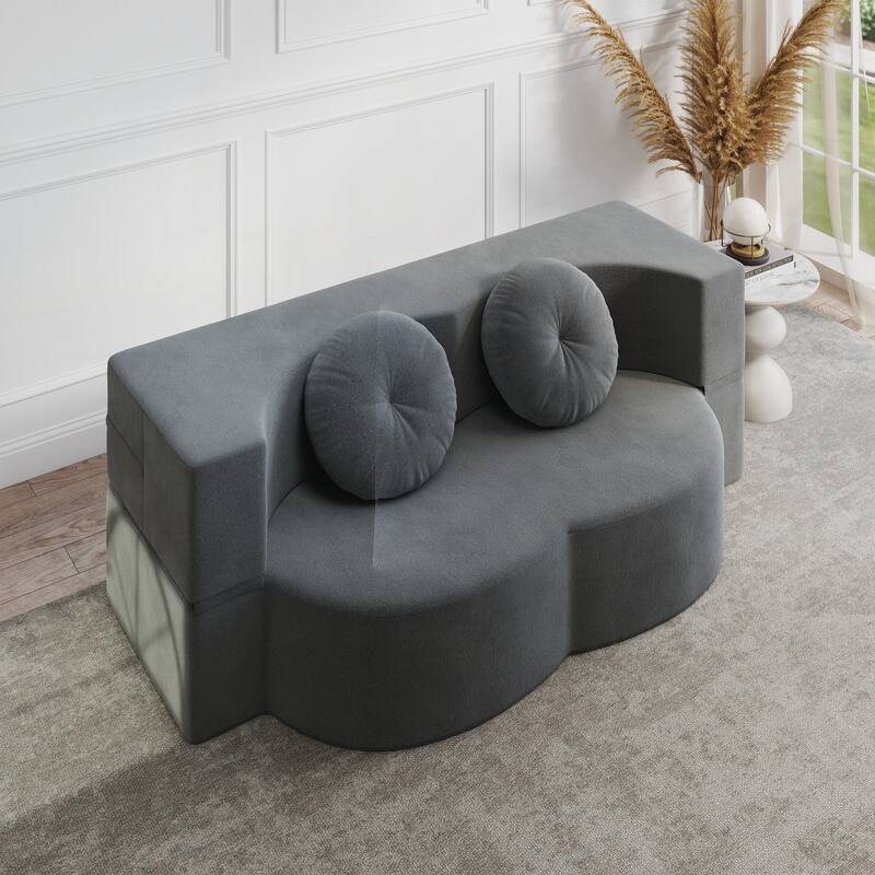 Modern Floor Sofa with 2 Pillows,Convertible Plush Corduroy Foam-Filled Sleeper Sofa Bed