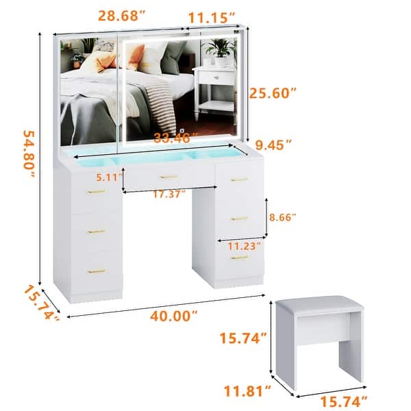 dimension image slide 1 of 2, Glass Top Vanity Set with Lighted Mirror,Extra Large Mirror Makeup Vanity Table with 7 Drawers&Cushioned Stool