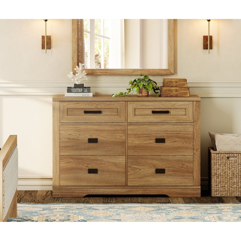 Wooden Dresser for Bedroom with 6 Drawers, 2 in 1 12 Drawer Farmhouse Storage Cabinet - Vintage Oak - 6-drawer