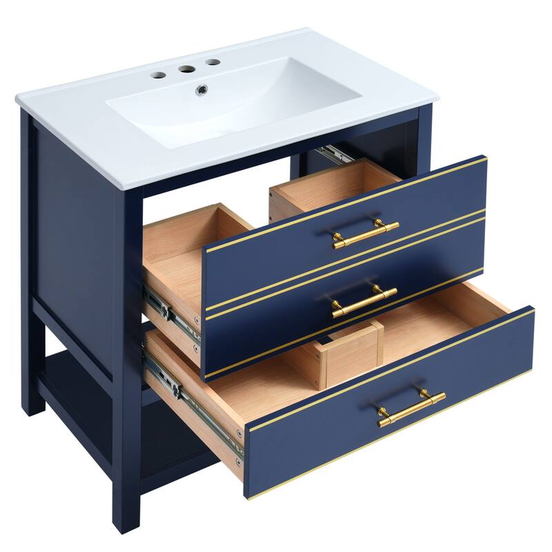 Sleek 30-Inch Bathroom Vanity with Two Drawers, Open Storage & Ceramic Basin