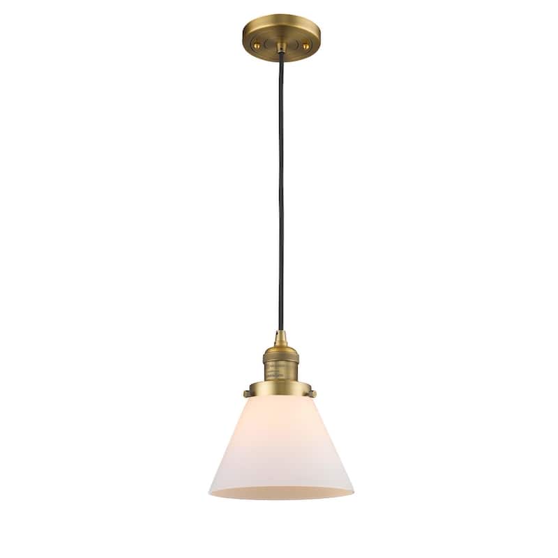 Innovations Lighting Large Cone 8" Wide Mini Pendant - Cord Suspension - Brushed Brass / Matte White Cased