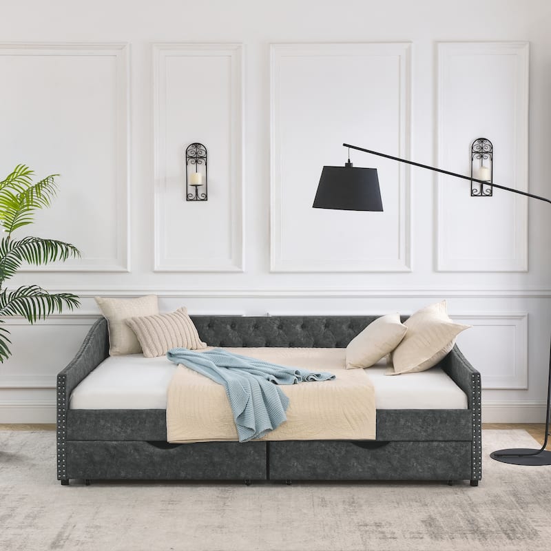 2 in 1 Pull Out Couch Bed Queen Size Daybed with Drawers Upholstered Tufted Sofa Bed,with Button on Back and Copper Nail
