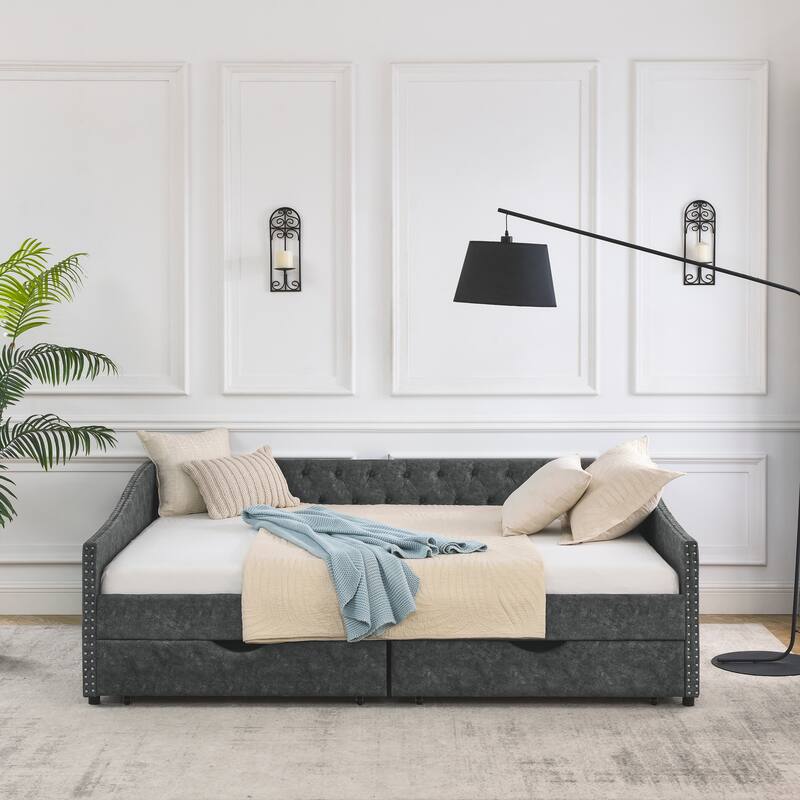 Queen Size Daybed with Drawers Upholstered Tufted Sofa Bed, with Button and Copper Nail