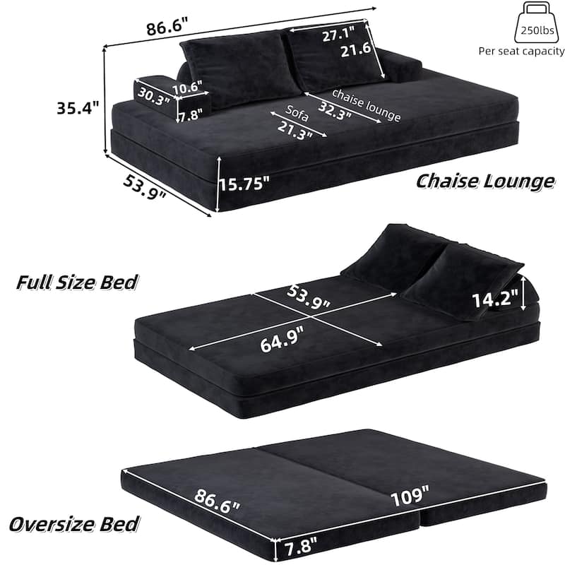86.6" Convertible Loveseat Sofa Bed with Removable Backrests, Chenille Fabric Sleeper Sofa, Chaise Lounge, Floor Folding Couch